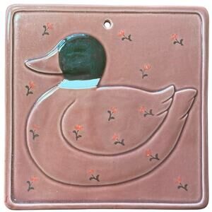 Vintage Otagiri Japan Mallard Duck Ceramic Tile Wall Hanging Trivet Floral